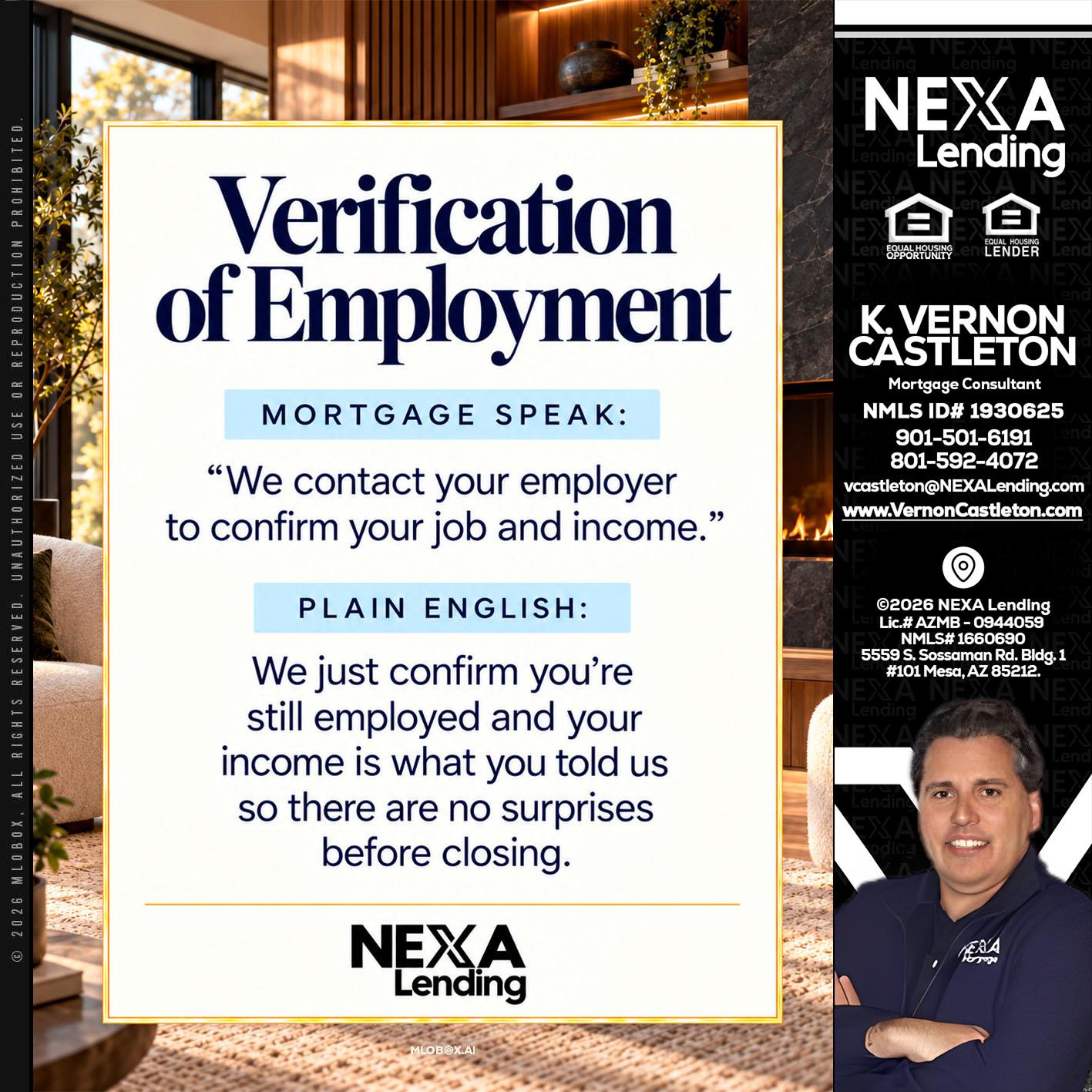 VERIFICATION OF EMPLOYMENT - K. Vernon Castleton -Mortgage Consultant